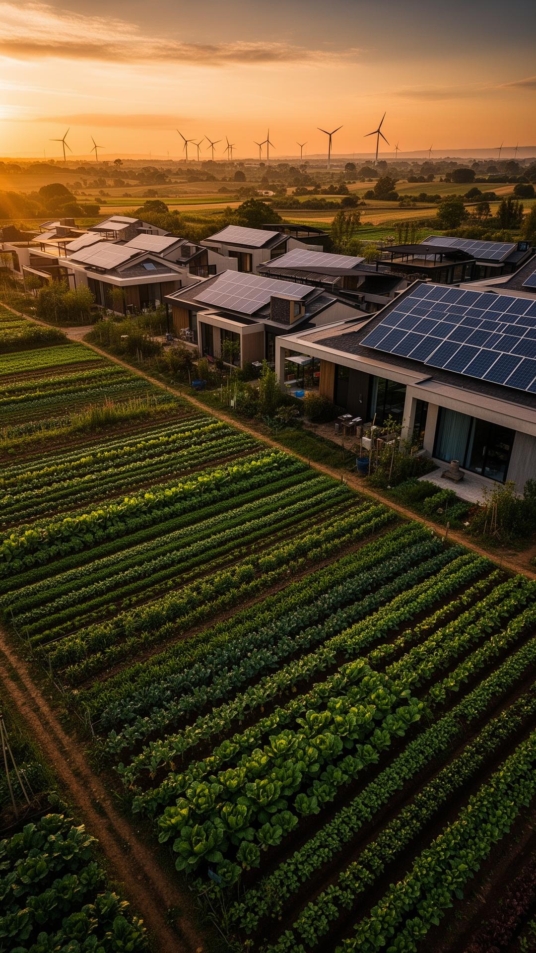 Sustainable village with organic farmland, solar panels and wind turbines at sunset